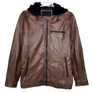 Tommy Hilfiger Leather Hooded Jacket Mens XXL Brown Full Zip Moto Field Retro